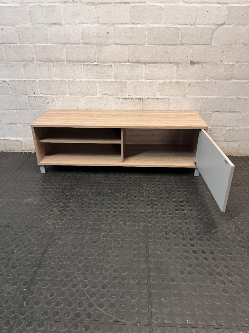 Modern Wood Look TV Unit with Grey Sliding Door — Well Used Condition