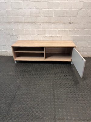 Modern Wood Look TV Unit with Grey Sliding Door — Well Used Condition