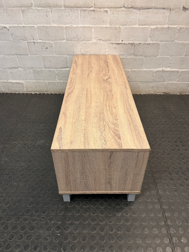 Modern Wood Look TV Unit with Grey Sliding Door — Well Used Condition