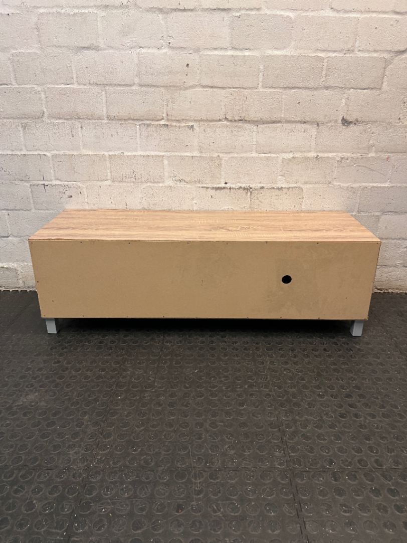Modern Wood Look TV Unit with Grey Sliding Door — Well Used Condition