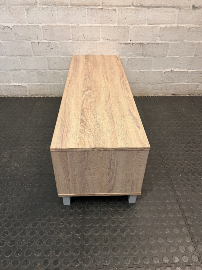 Modern Wood Look TV Unit with Grey Sliding Door — Well Used Condition