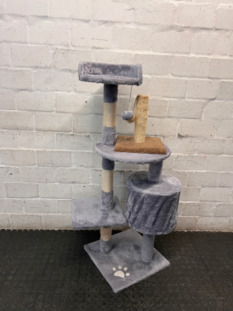 Multi-Level Grey Faux-Fur Cat Tree with Scratching Posts — Wax Marks from Candle Spill