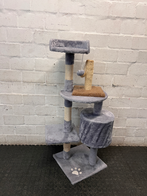Multi-Level Grey Faux-Fur Cat Tree with Scratching Posts — Wax Marks from Candle Spill