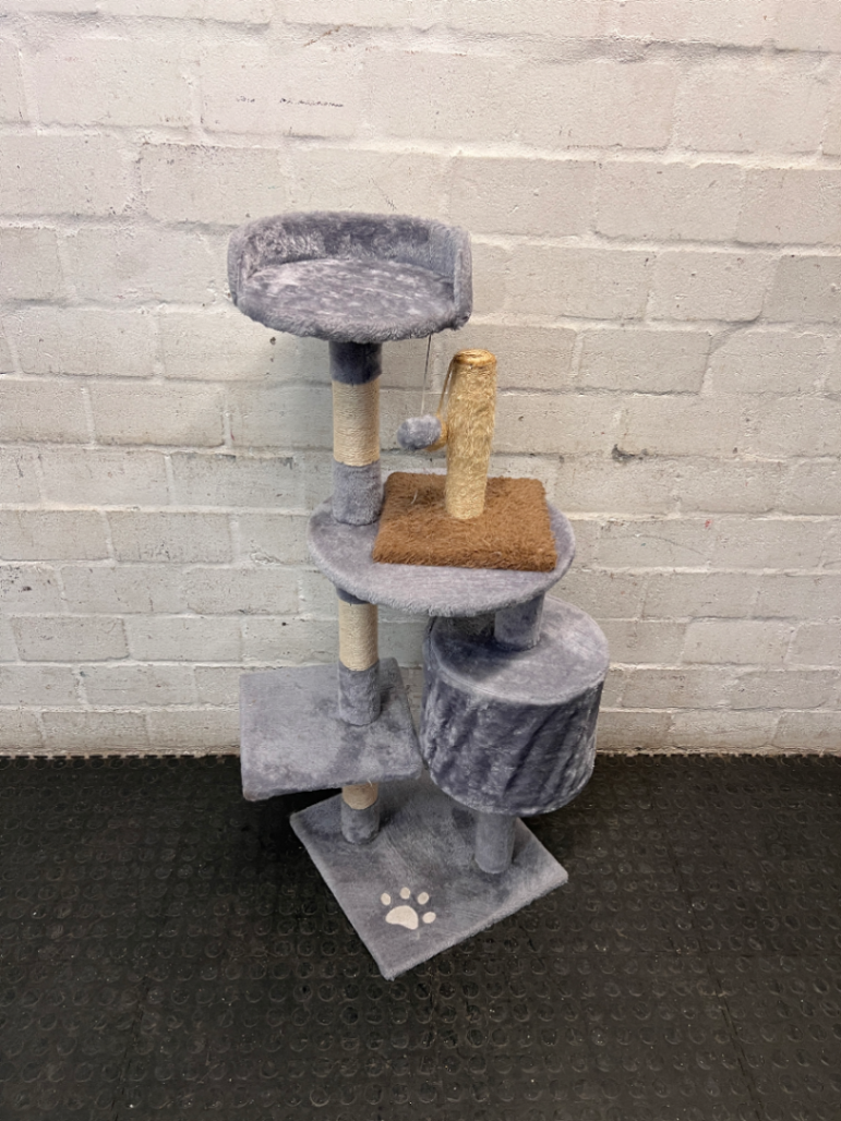 Multi-Level Grey Faux-Fur Cat Tree with Scratching Posts — Wax Marks from Candle Spill