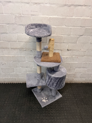 Multi-Level Grey Faux-Fur Cat Tree with Scratching Posts — Wax Marks from Candle Spill