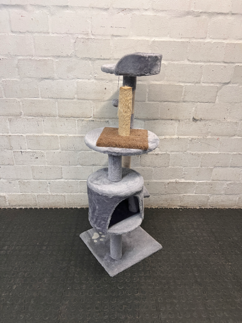 Multi-Level Grey Faux-Fur Cat Tree with Scratching Posts — Wax Marks from Candle Spill