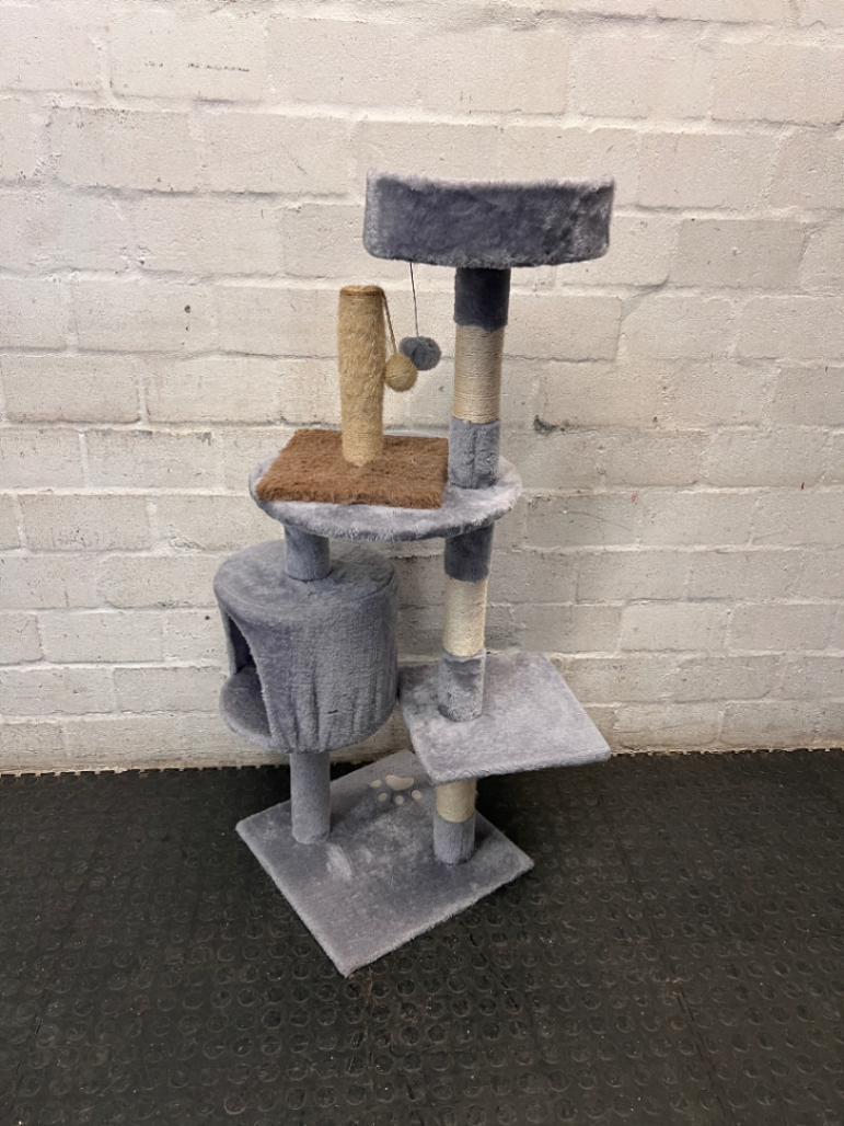 Multi-Level Grey Faux-Fur Cat Tree with Scratching Posts — Wax Marks from Candle Spill