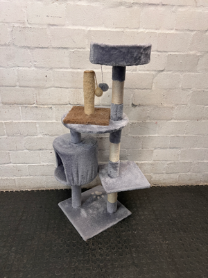 Multi-Level Grey Faux-Fur Cat Tree with Scratching Posts — Wax Marks from Candle Spill