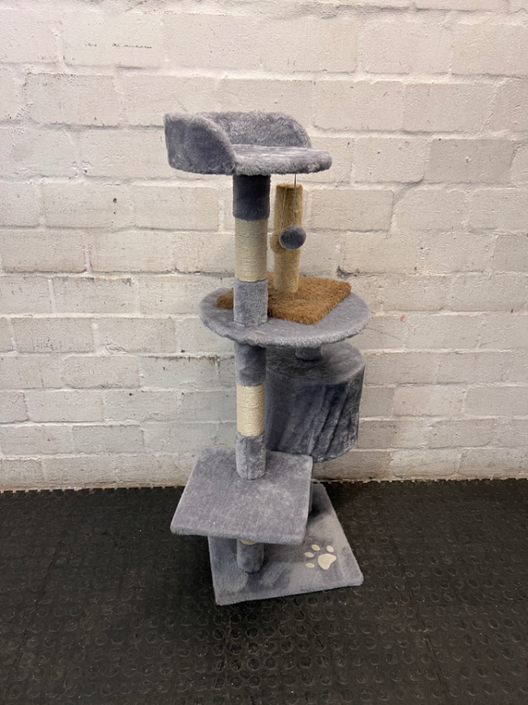 Multi-Level Grey Faux-Fur Cat Tree with Scratching Posts — Wax Marks from Candle Spill