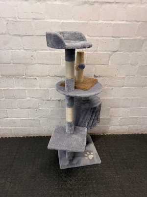 Multi-Level Grey Faux-Fur Cat Tree with Scratching Posts — Wax Marks from Candle Spill