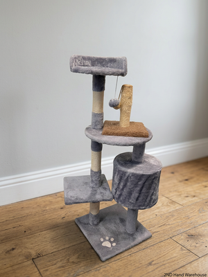 Multi-Level Grey Faux-Fur Cat Tree with Scratching Posts — Wax Marks from Candle Spill