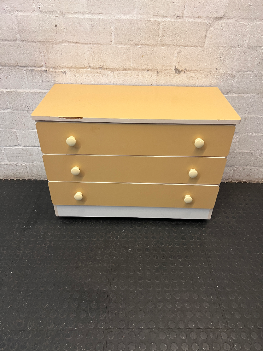 Mustard and White Three-Drawer Chest of Drawers — Well Used with Edge Damage to Top S - 2ndhandwarehouse.com