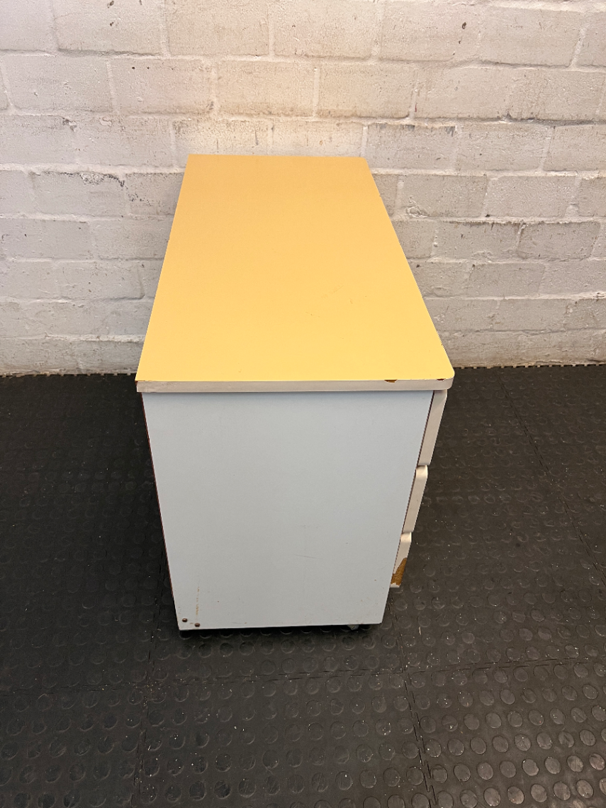 Mustard and White Three-Drawer Chest of Drawers — Well Used with Edge Damage to Top S - 2ndhandwarehouse.com