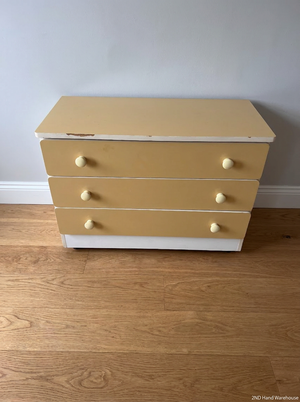 Mustard and White Three-Drawer Chest of Drawers — Well Used with Edge Damage to Top S - 2ndhandwarehouse.com