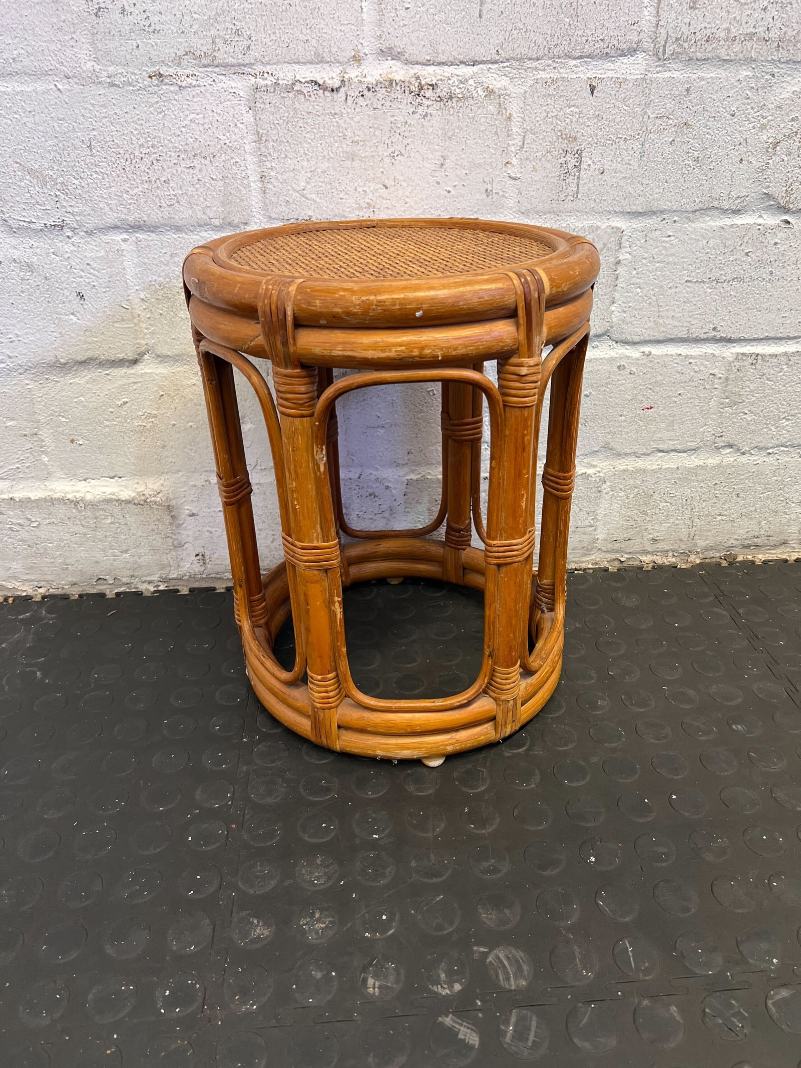 Natural Rattan Stool with Woven Top - Minor Wear