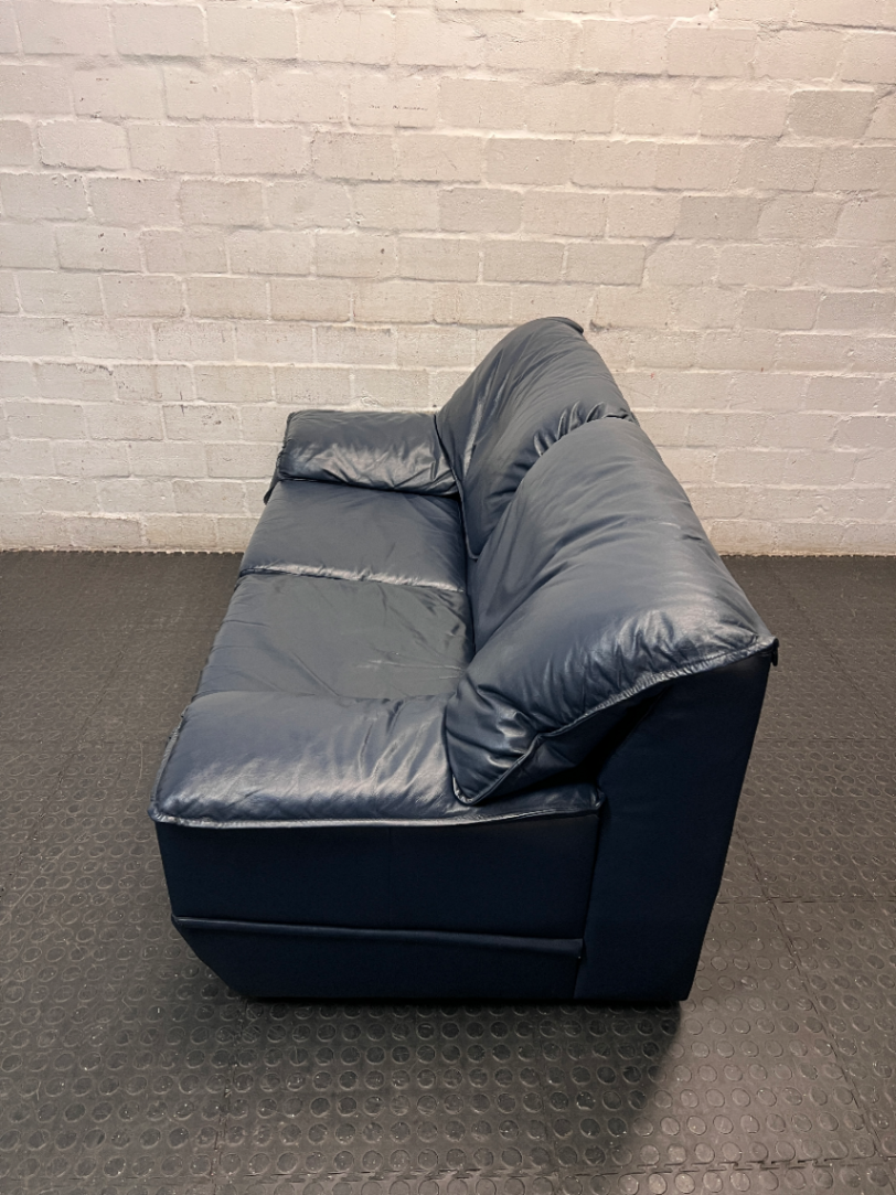 Navy Blue 2 Seater Leather-Look Couch — Used; Fair Condition