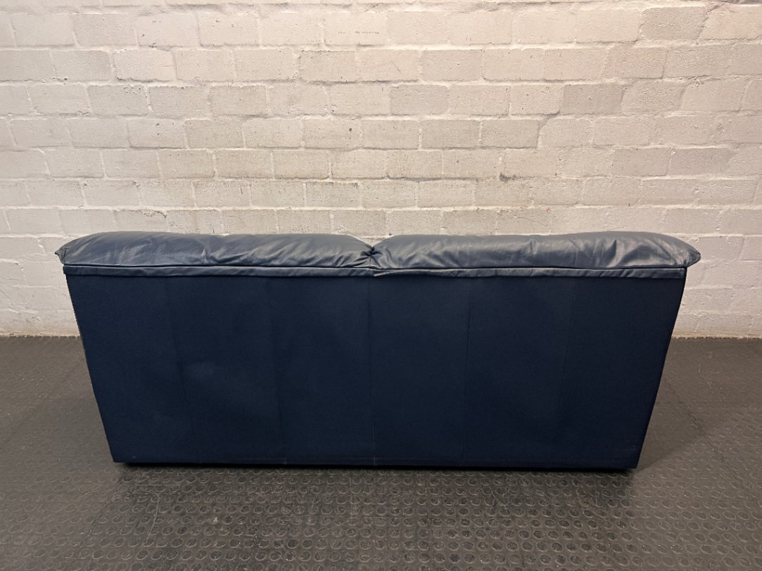 Navy Blue 2 Seater Leather-Look Couch — Used; Fair Condition