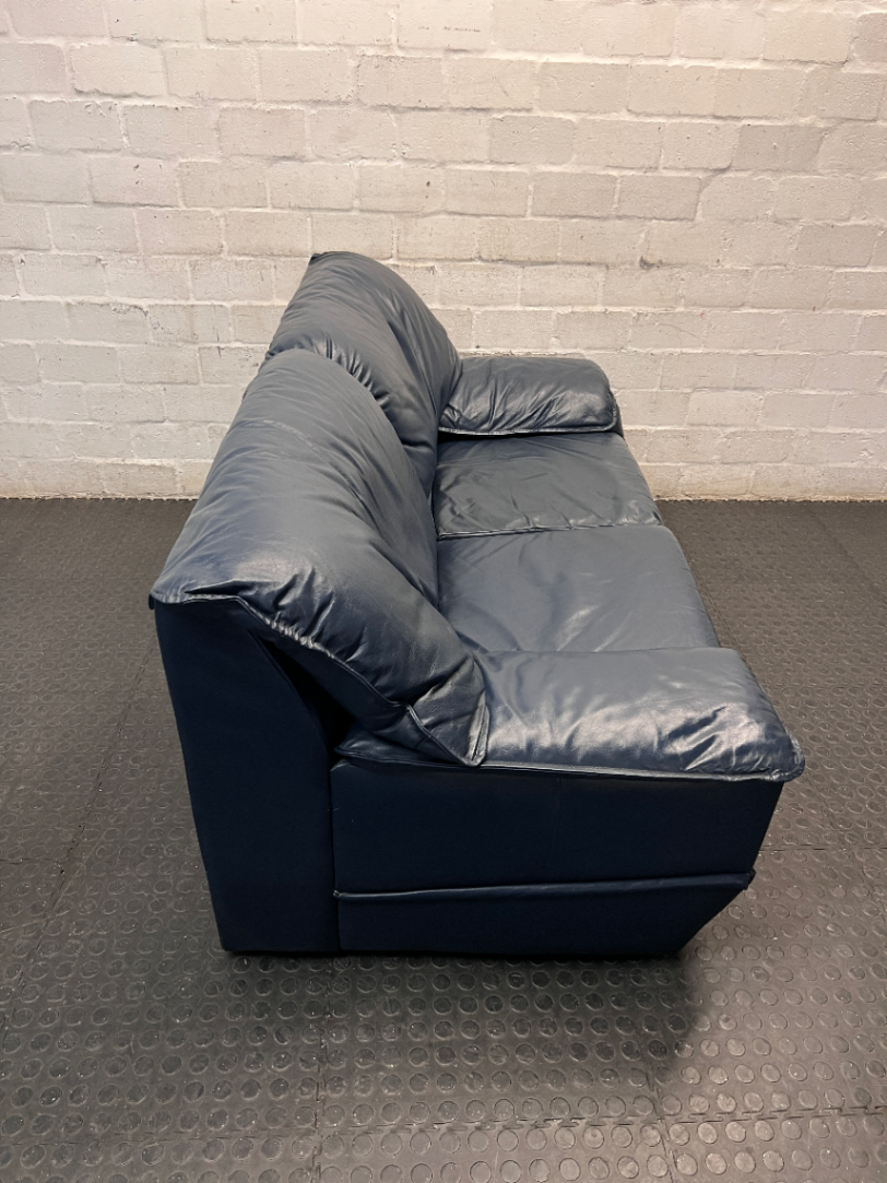 Navy Blue 2 Seater Leather-Look Couch — Used; Fair Condition
