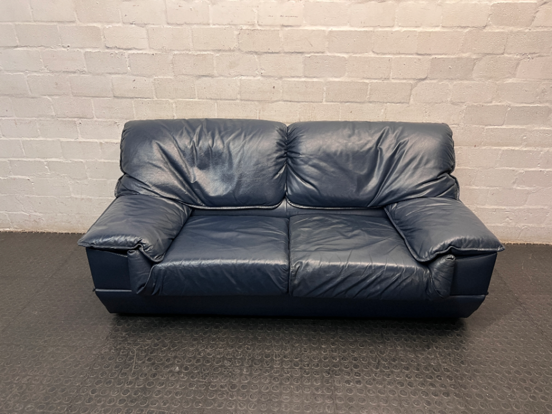 Navy Blue 2 Seater Leather-Look Couch — Used; Fair Condition