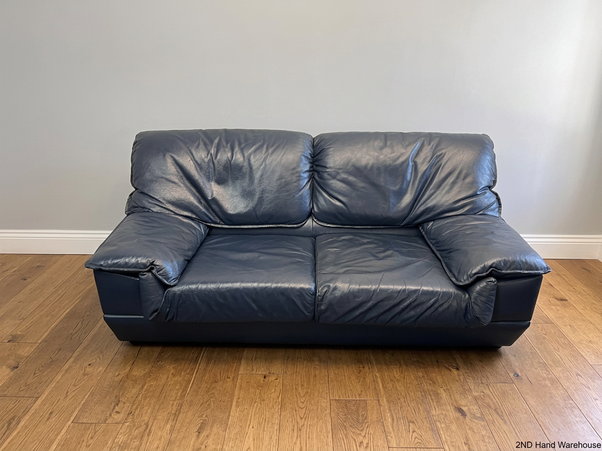 Navy Blue 2 Seater Leather-Look Couch — Used; Fair Condition - REDUCED