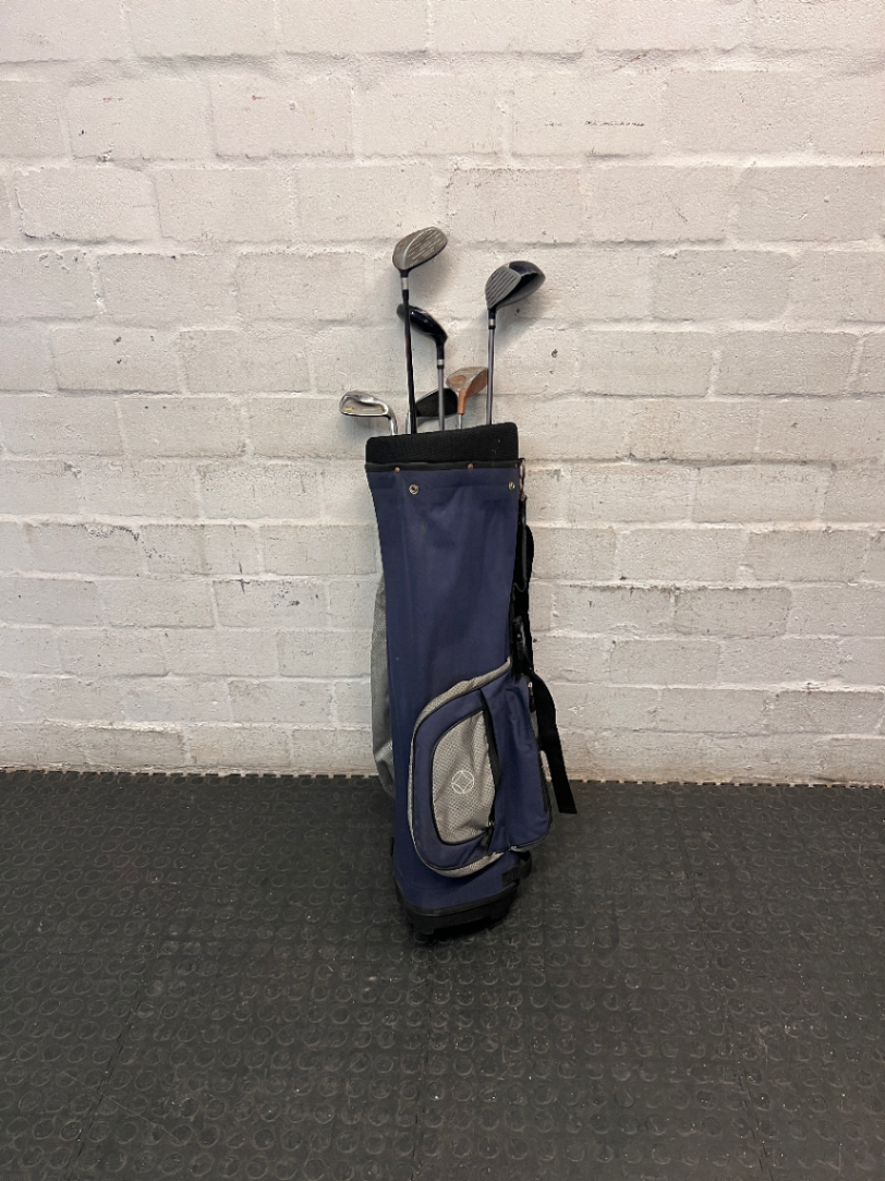 Navy Blue Fabric Golf Bag with Assorted Clubs