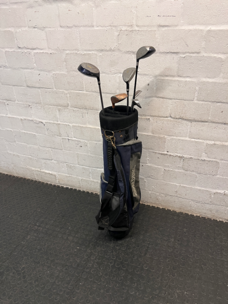Navy Blue Fabric Golf Bag with Assorted Clubs
