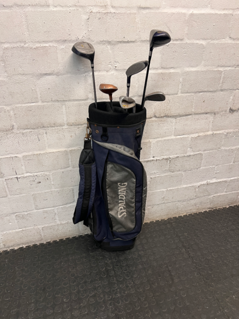 Navy Blue Fabric Golf Bag with Assorted Clubs