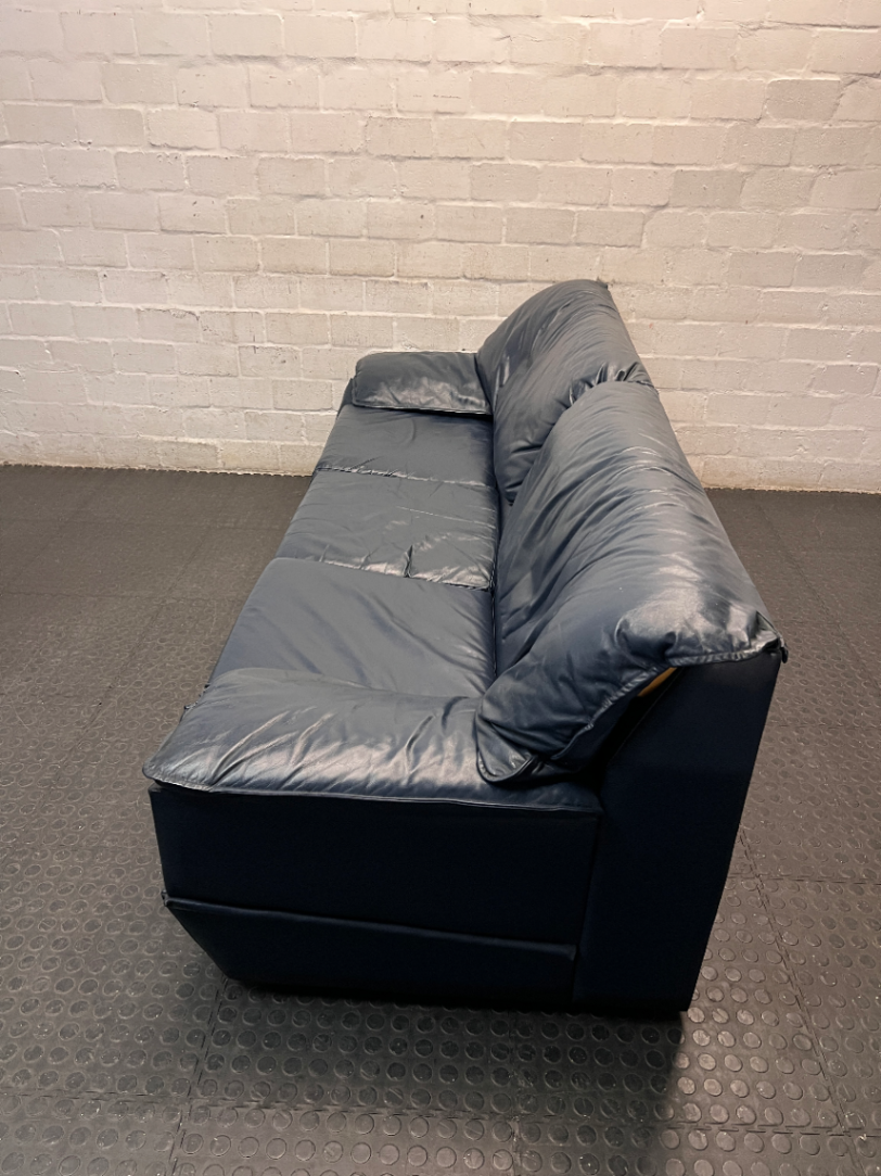 Navy Blue Leather 3 Seater Couch — Fair Used Condition