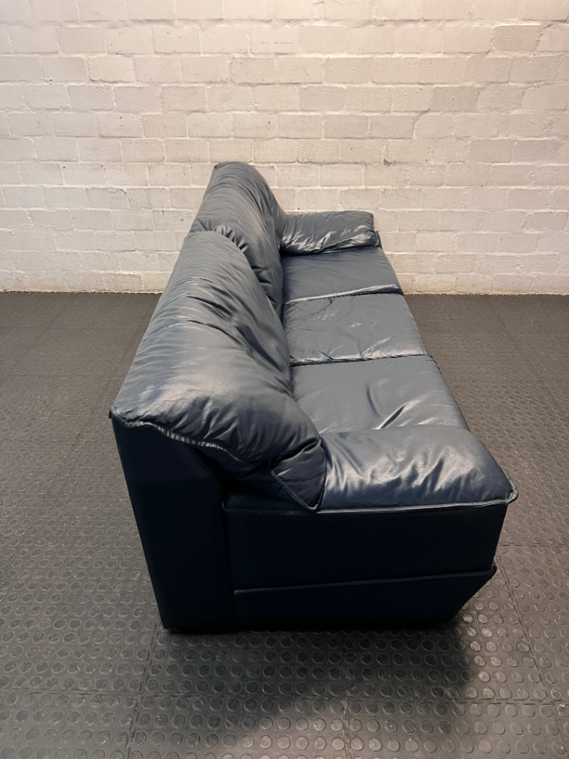 Navy Blue Leather 3 Seater Couch — Fair Used Condition