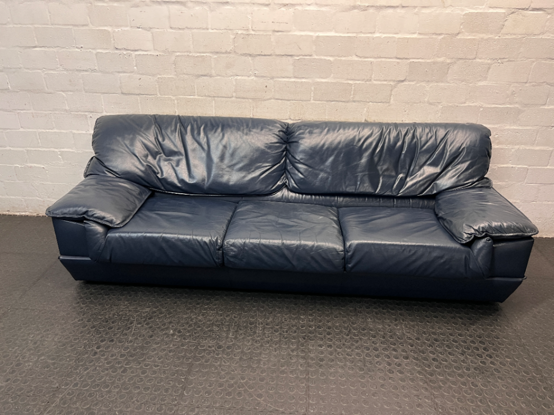 Navy Blue Leather 3 Seater Couch — Fair Used Condition