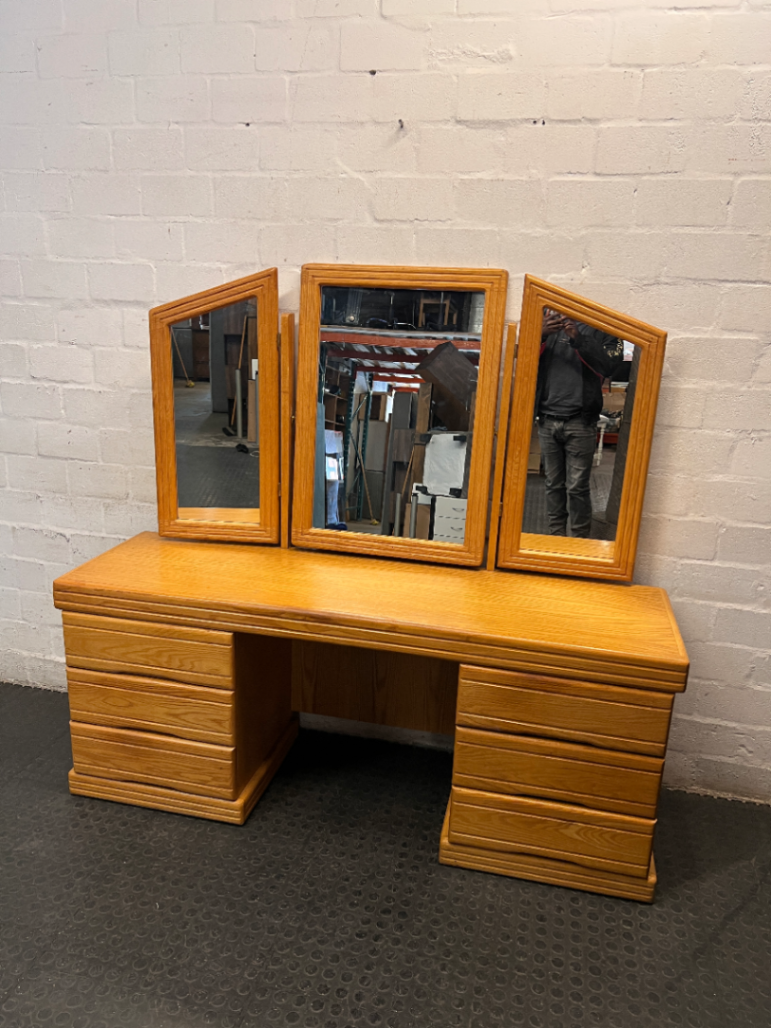 Oak-Finish Dressing Table with Triple Mirror — Fair Condition with Surface Wear