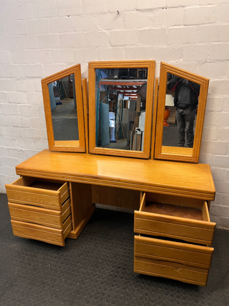 Oak-Finish Dressing Table with Triple Mirror — Fair Condition with Surface Wear