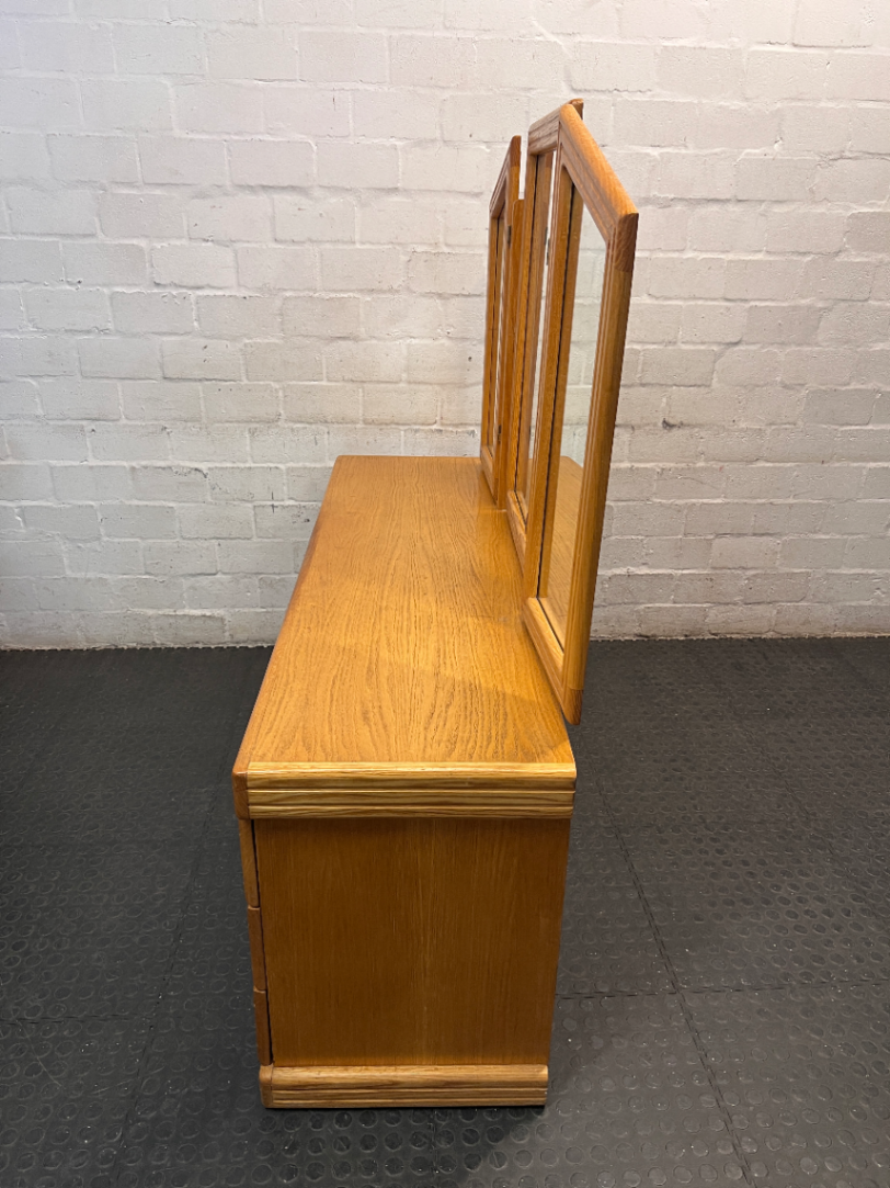 Oak-Finish Dressing Table with Triple Mirror — Fair Condition with Surface Wear