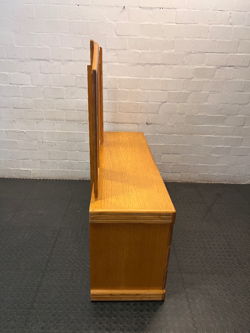 Oak-Finish Dressing Table with Triple Mirror — Fair Condition with Surface Wear
