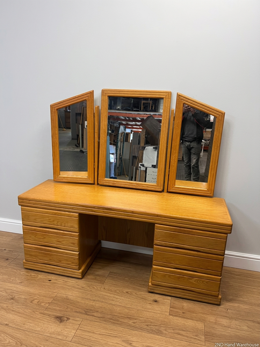 Oak-Finish Dressing Table with Triple Mirror — Fair Condition with Surface Wear