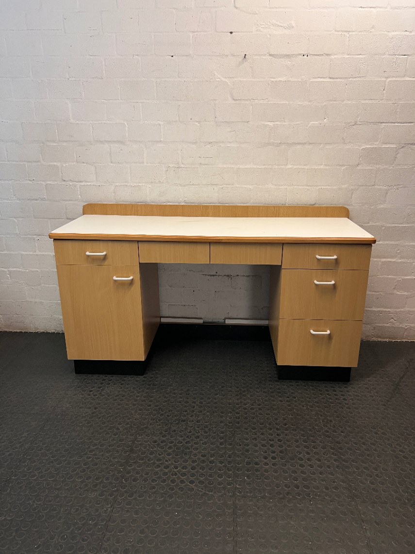 Oak Tone Dual Pedestal Office Desk with White Top — Good Pre-Owned Condition