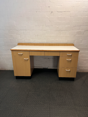 Oak Tone Dual Pedestal Office Desk with White Top — Good Pre-Owned Condition