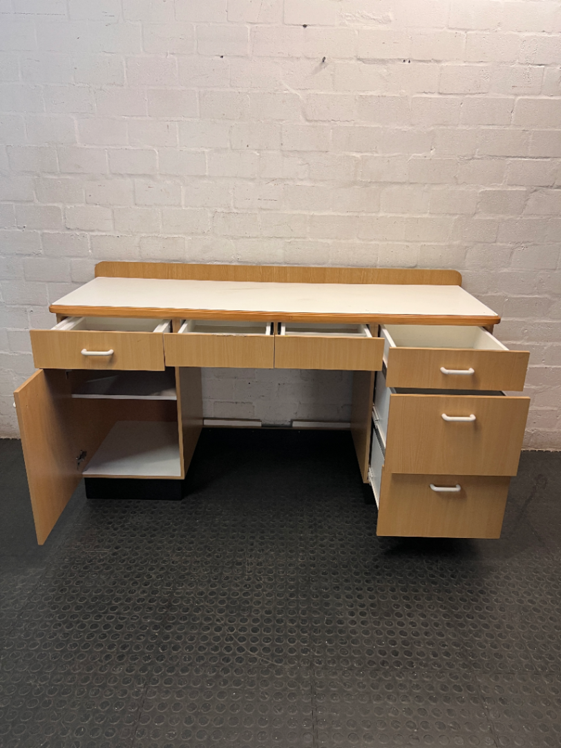 Oak Tone Dual Pedestal Office Desk with White Top — Good Pre-Owned Condition