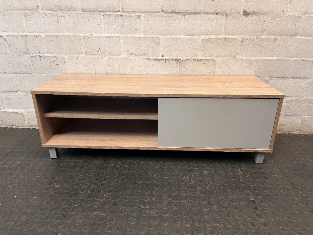 Oak Tone TV Unit with Grey Sliding Door — Very Good Condition