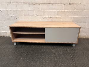 Oak Tone TV Unit with Grey Sliding Door — Very Good Condition