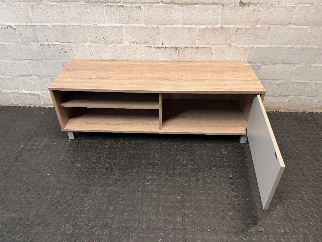 Oak Tone TV Unit with Grey Sliding Door — Very Good Condition