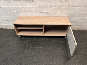 Oak Tone TV Unit with Grey Sliding Door — Very Good Condition