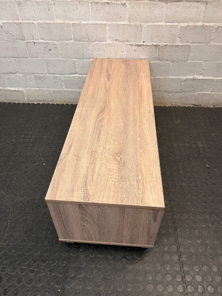 Oak Tone TV Unit with Grey Sliding Door — Very Good Condition