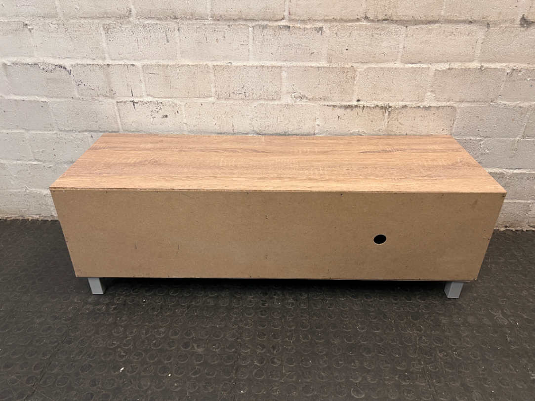 Oak Tone TV Unit with Grey Sliding Door — Very Good Condition