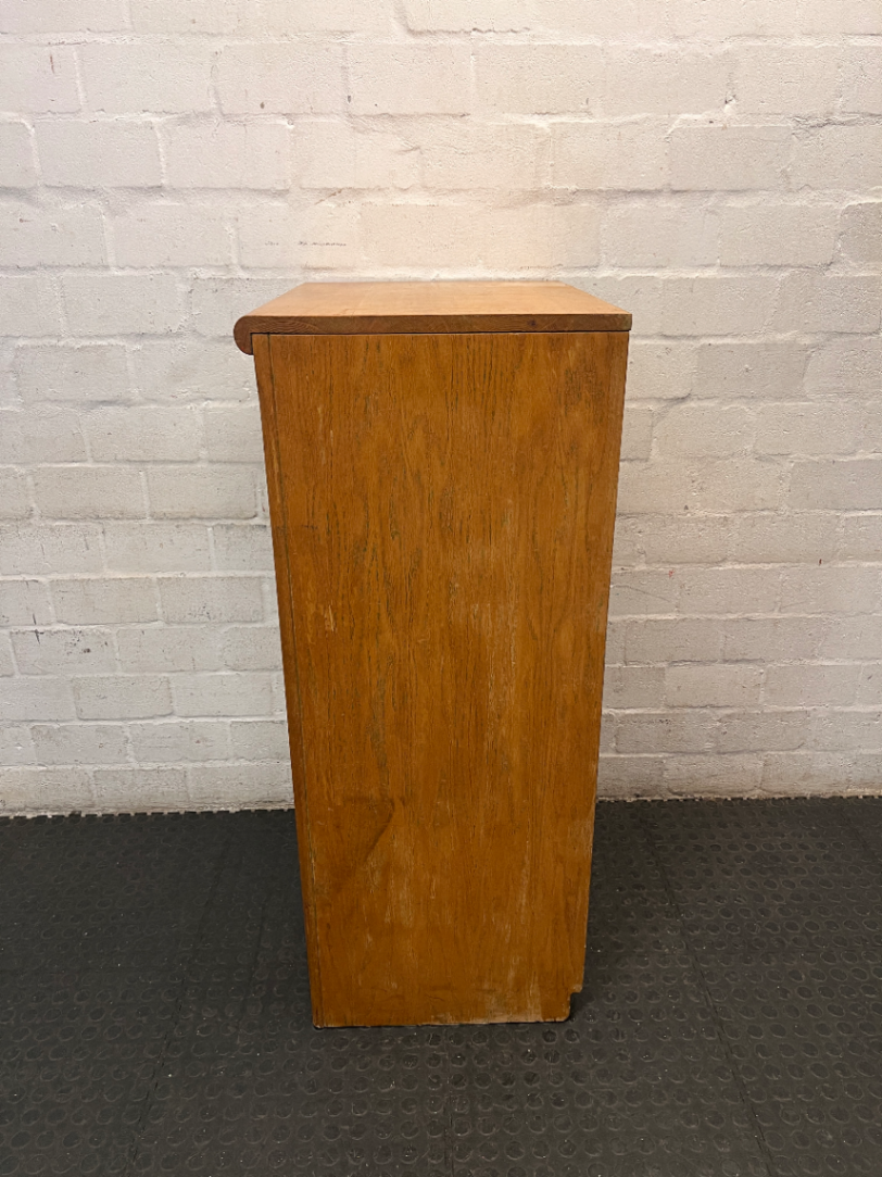 Oak-Toned Glass Door Display Cabinet with Drawer — Fair Condition with Visible Wear