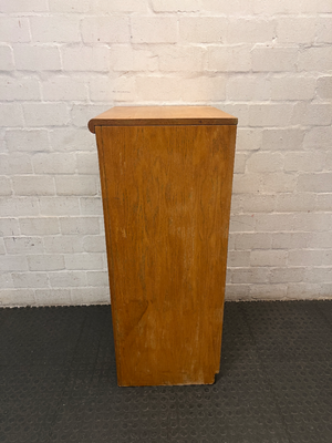 Oak-Toned Glass Door Display Cabinet with Drawer — Fair Condition with Visible Wear