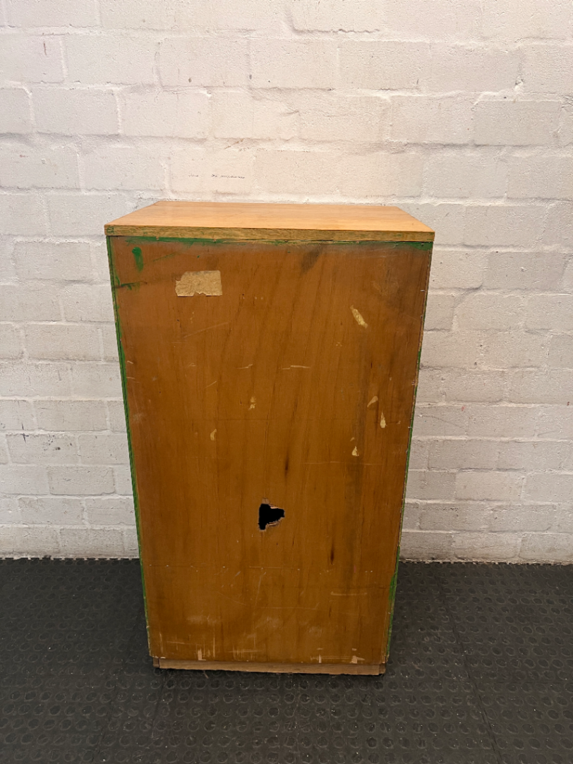 Oak-Toned Glass Door Display Cabinet with Drawer — Fair Condition with Visible Wear