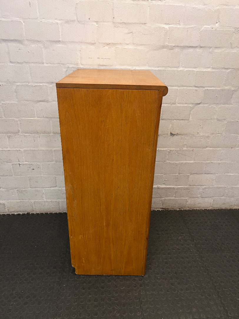 Oak-Toned Glass Door Display Cabinet with Drawer — Fair Condition with Visible Wear