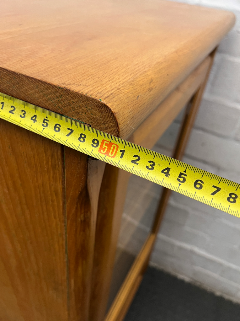 Oak-Toned Glass Door Display Cabinet with Drawer — Fair Condition with Visible Wear