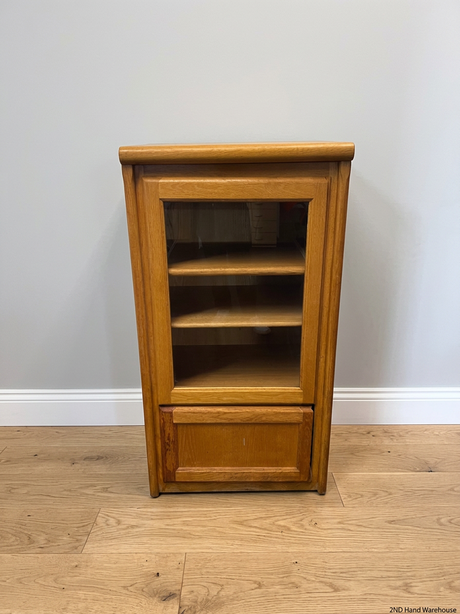 Oak-Toned Glass Door Display Cabinet with Drawer — Fair Condition with Visible Wear